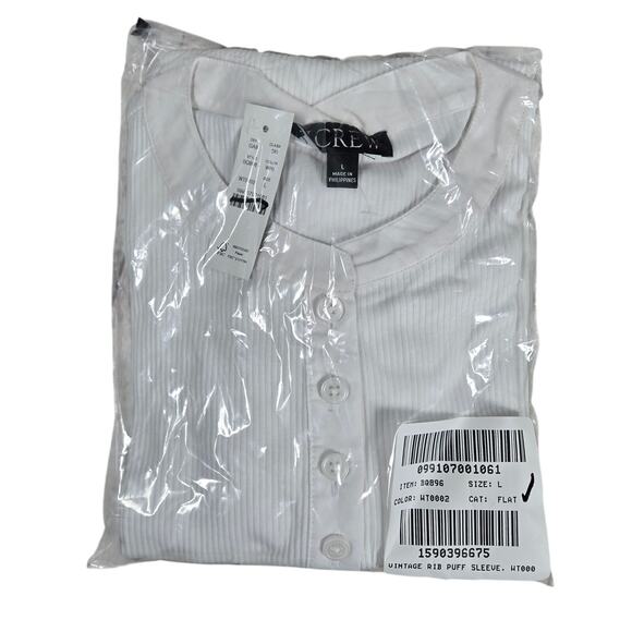 J. Crew Vintage rib puff-sleeve henley top L White BQ896 - Picture 9 of 9